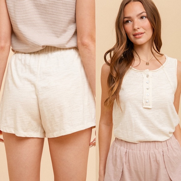 92. ❤️NEW HEM & THREAD Cotton Short Set Henley Tank & Shorts Cream 2 piece set - Picture 8 of 12